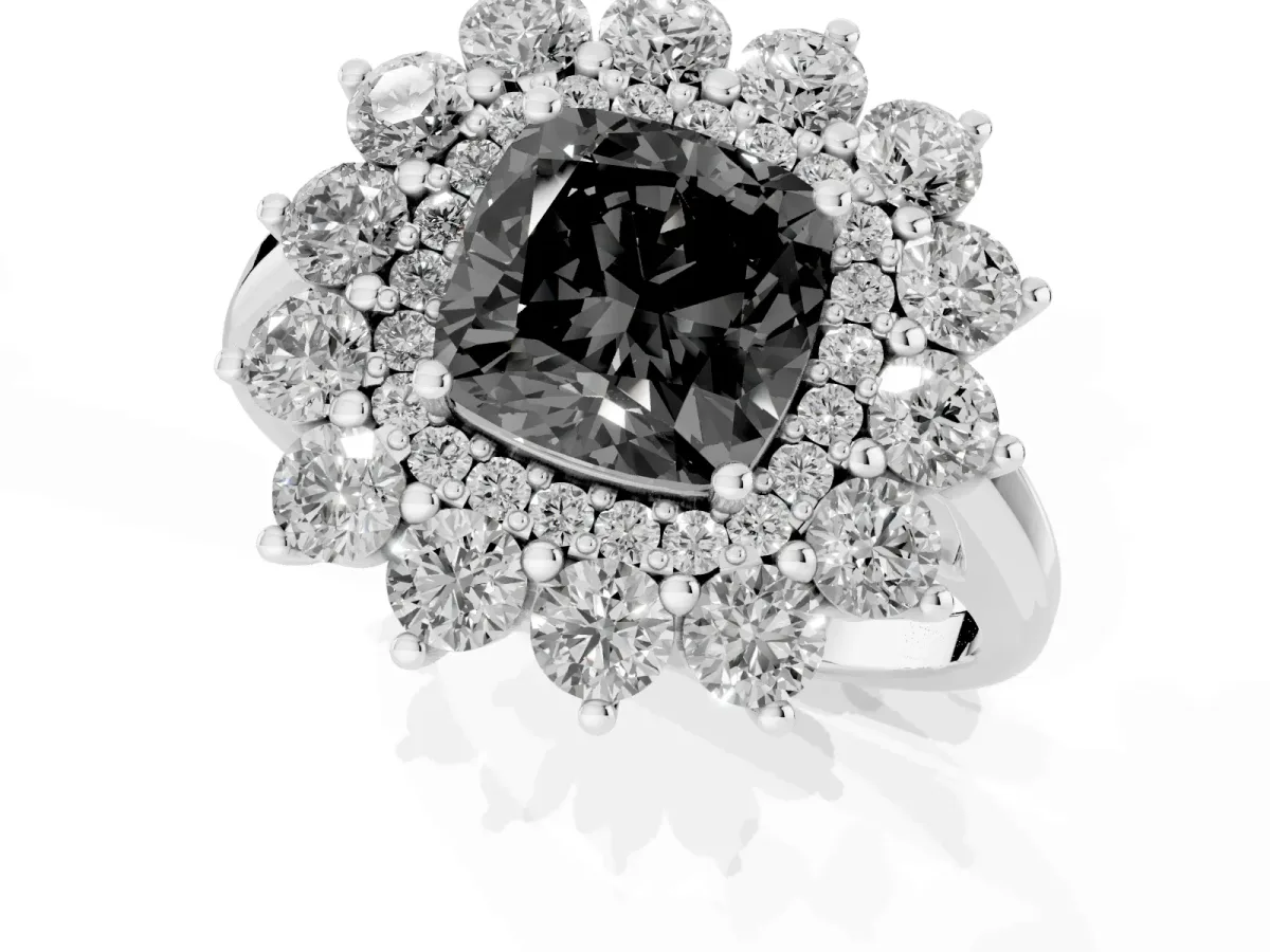 Fancy Black Cushion Cut Diamond Floral Double Halo Engagement Ring with Prong Setting Silver