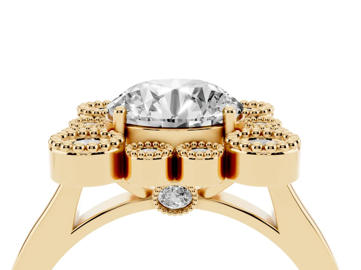 Round Cut Halo Diamond Cluster Engagement Ring with Milgrain Bezel Setting and Solitaire Band Yellow gold
