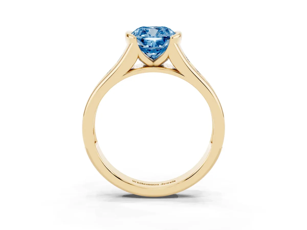 Fancy Blue Cushion Cut Solitaire Bezel-Set Diamond Ring with Channel-Set Band Yellow gold