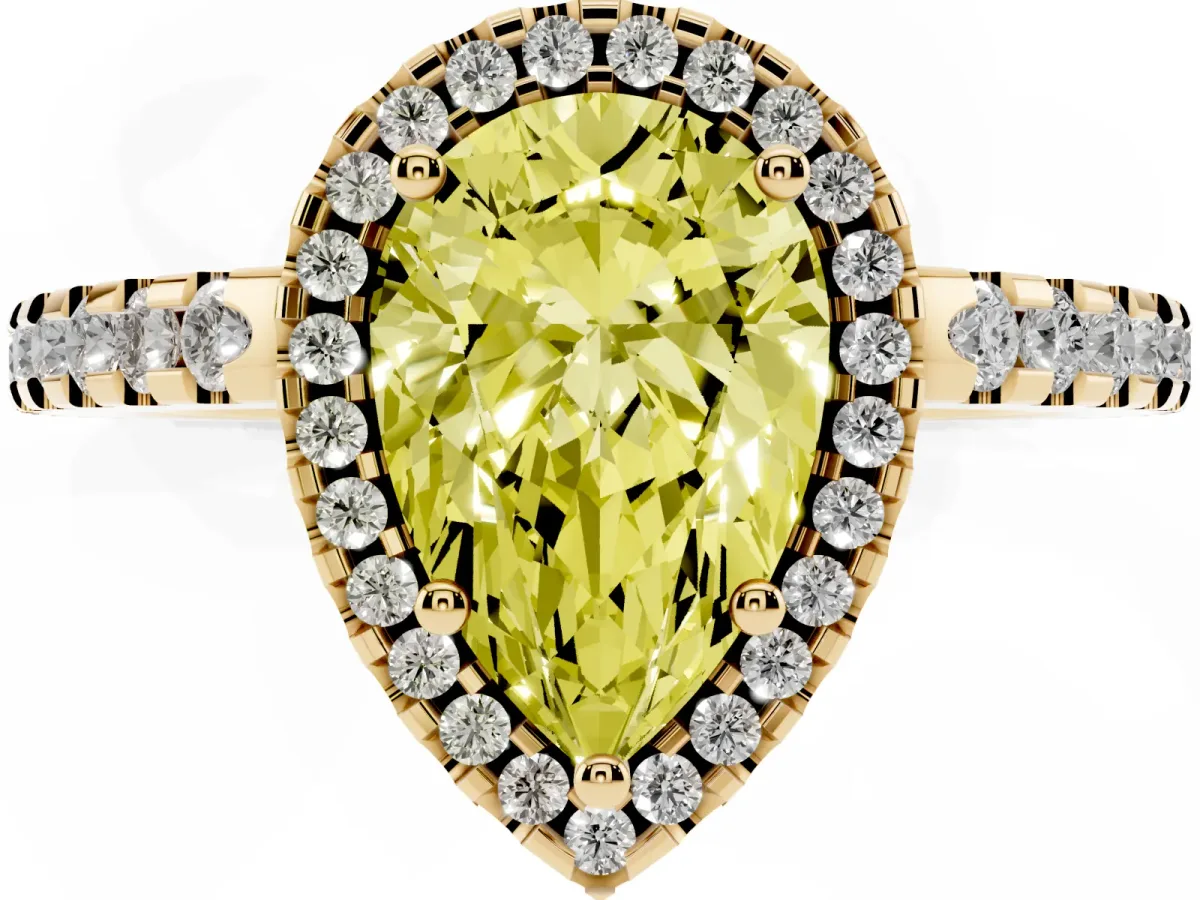 Fancy Yellow Pear Cut Diamond Halo Engagement Ring with Pavé Band and Prong Setting Yellow gold