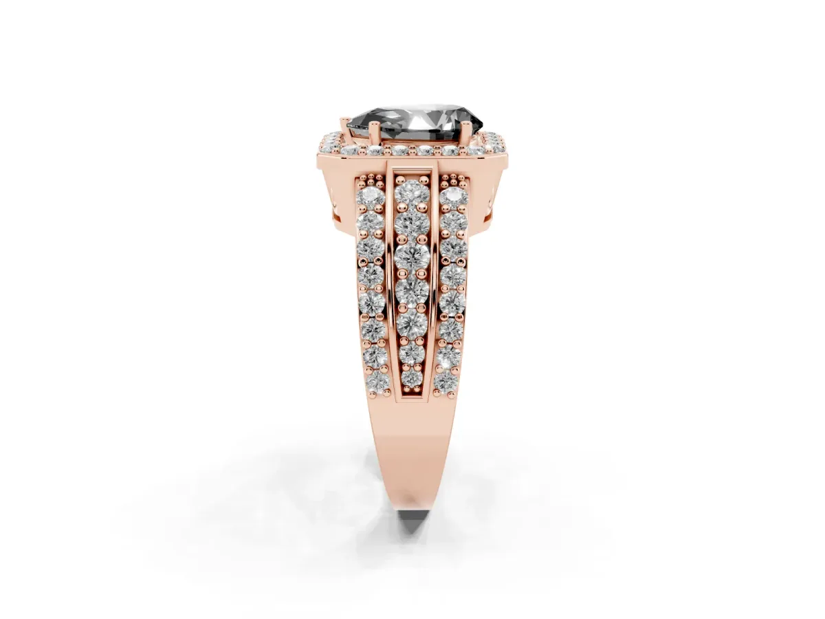 Fancy Black Pear Cut Halo Diamond Ring with Round Split Shank and Prong Setting Rose gold