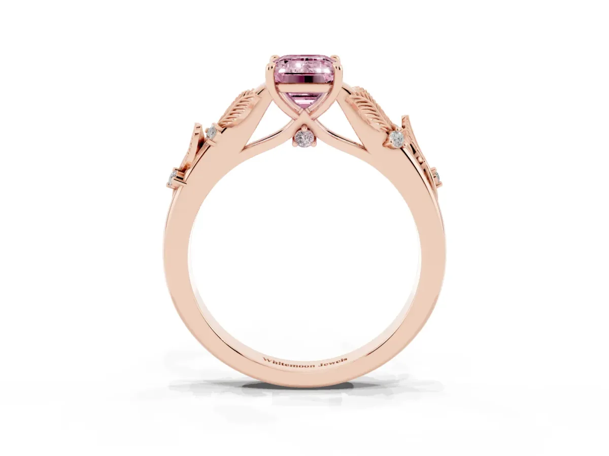 Fancy Pink Emerald Cut Diamond Solitaire Ring with Leaf Motif Band and Four-Prong Setting Rose gold