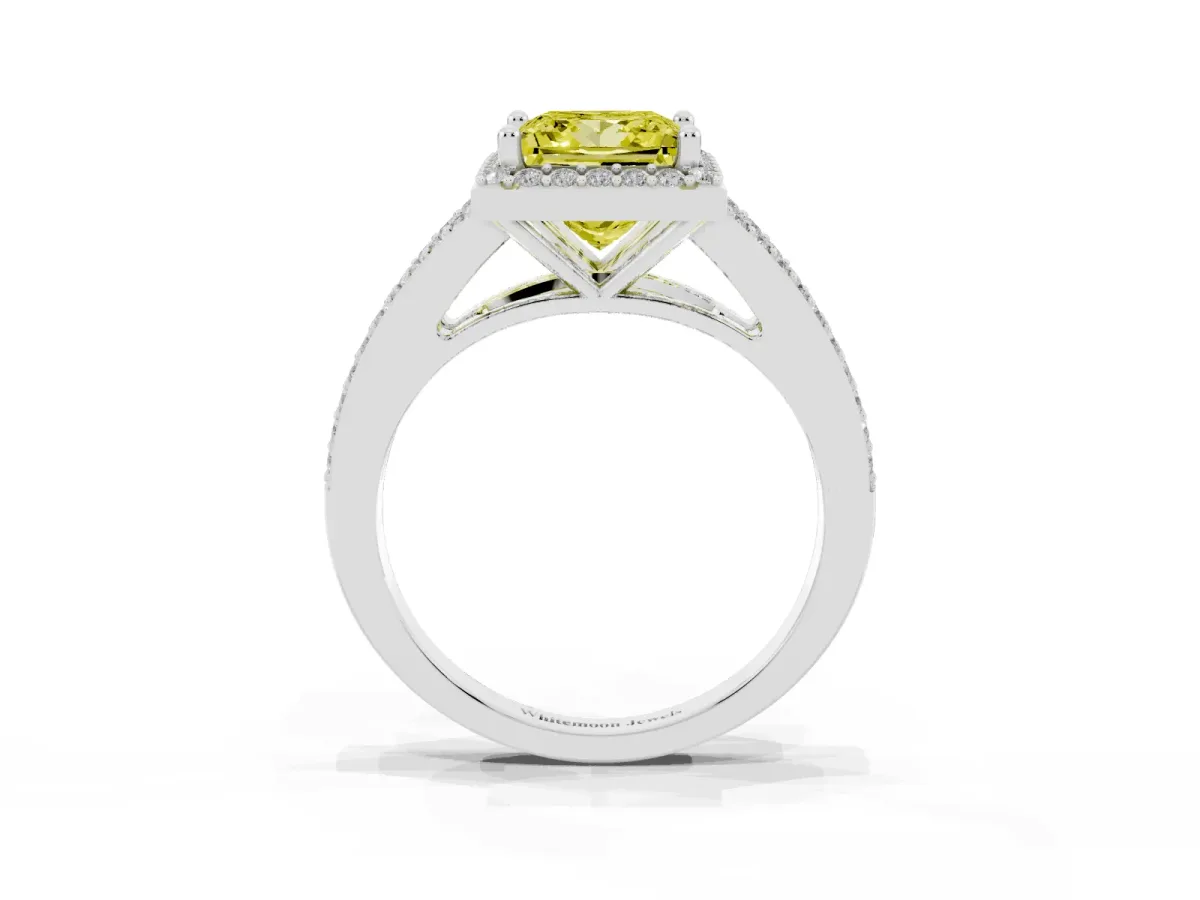 Fancy Yellow Princess Cut Halo Split Shank Diamond Ring with Prong Setting Silver