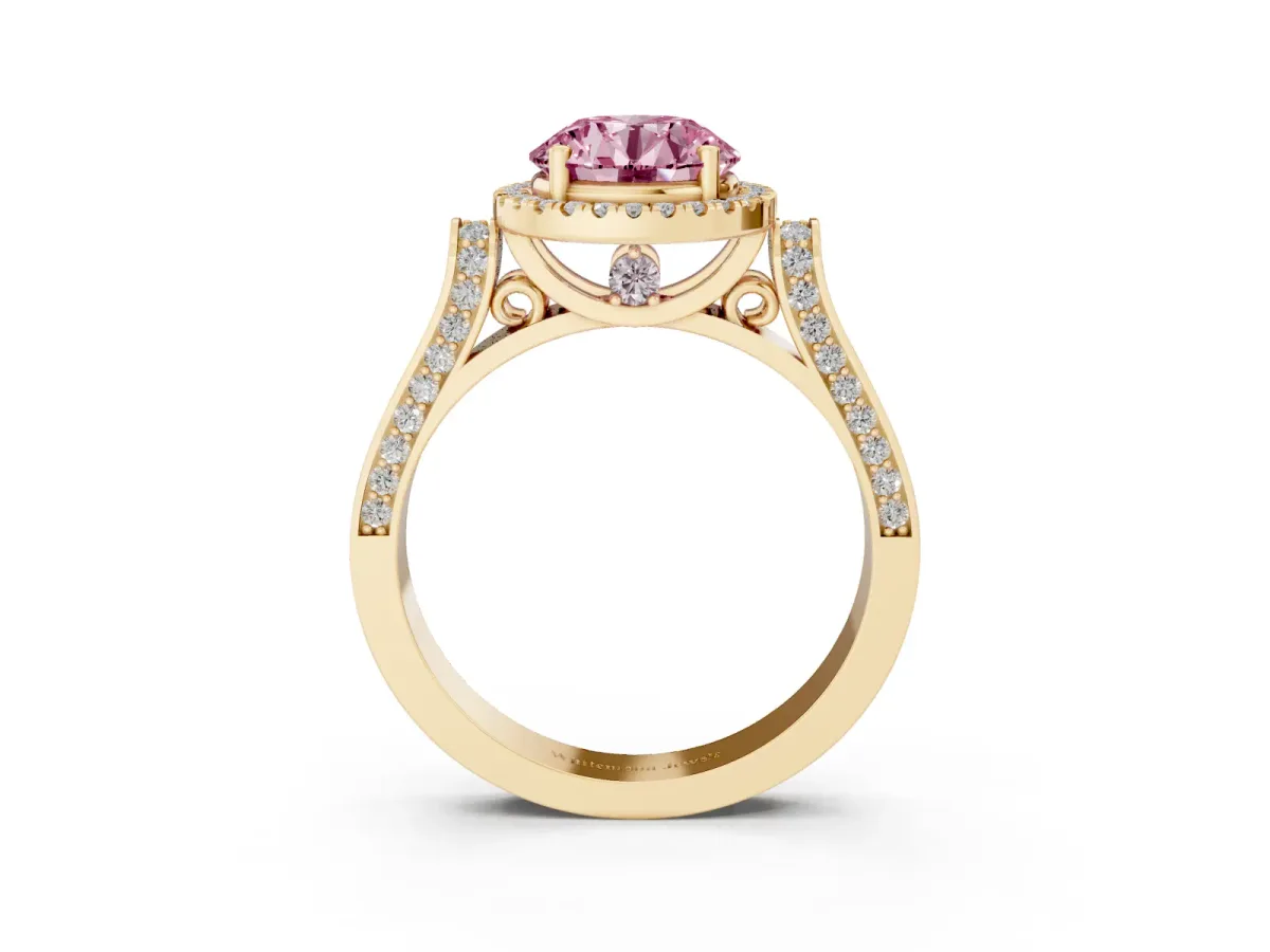 Fancy Pink Round Cut Halo Round Diamond Twist Band with Four-Prong Setting Yellow gold