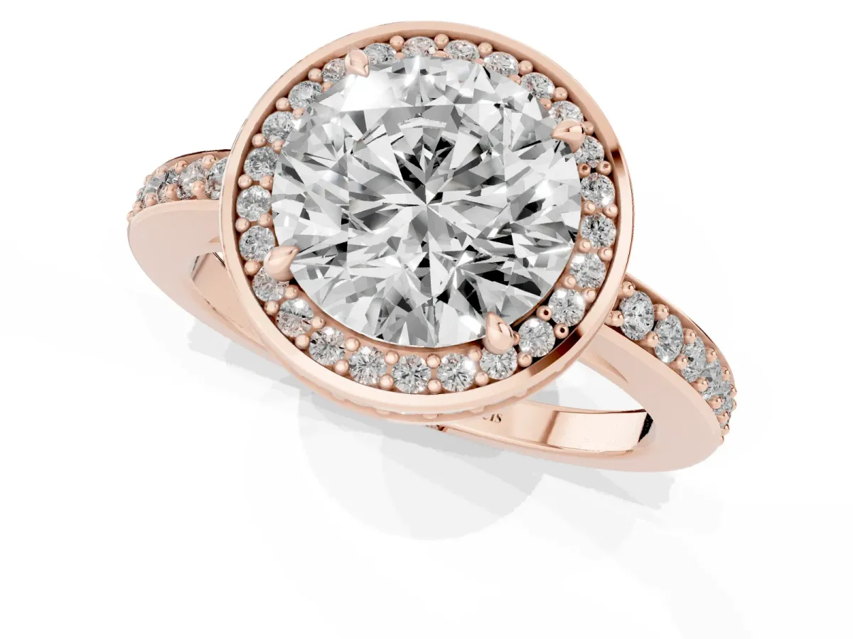 Round Cut Halo Pave Band Solitaire Ring with Prong Setting Rose gold