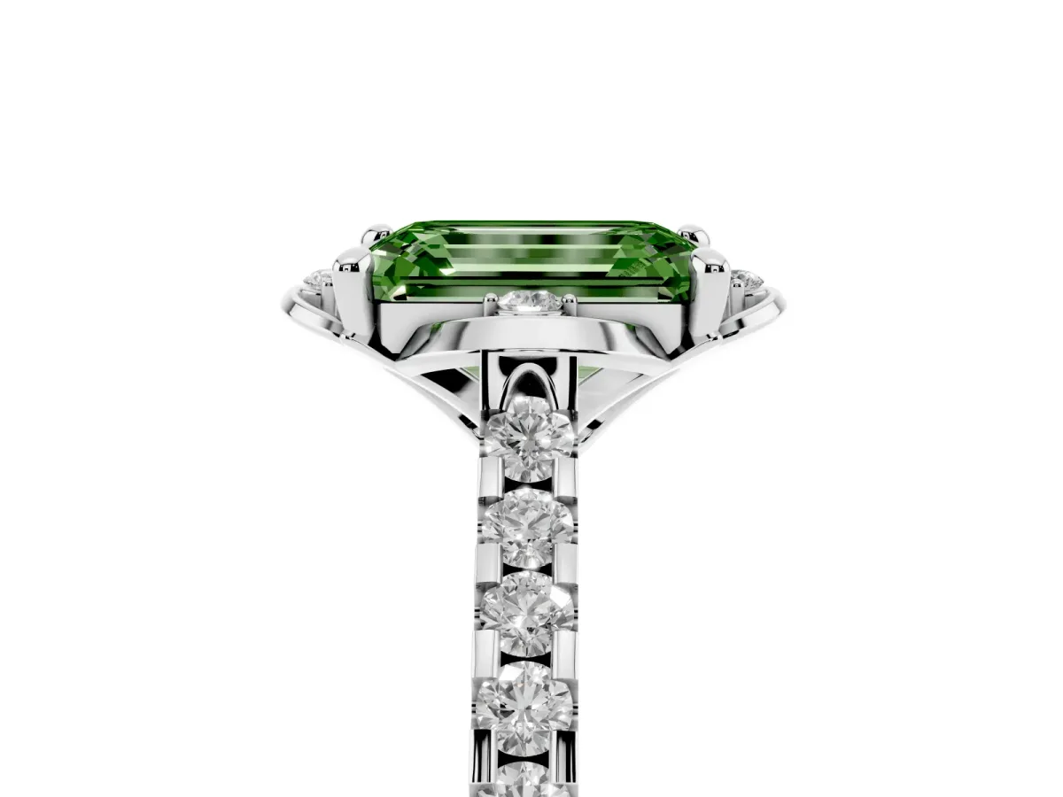 Fancy Green Emerald Cut Diamond Ring with Pavé Band and Floral Prong Setting Silver