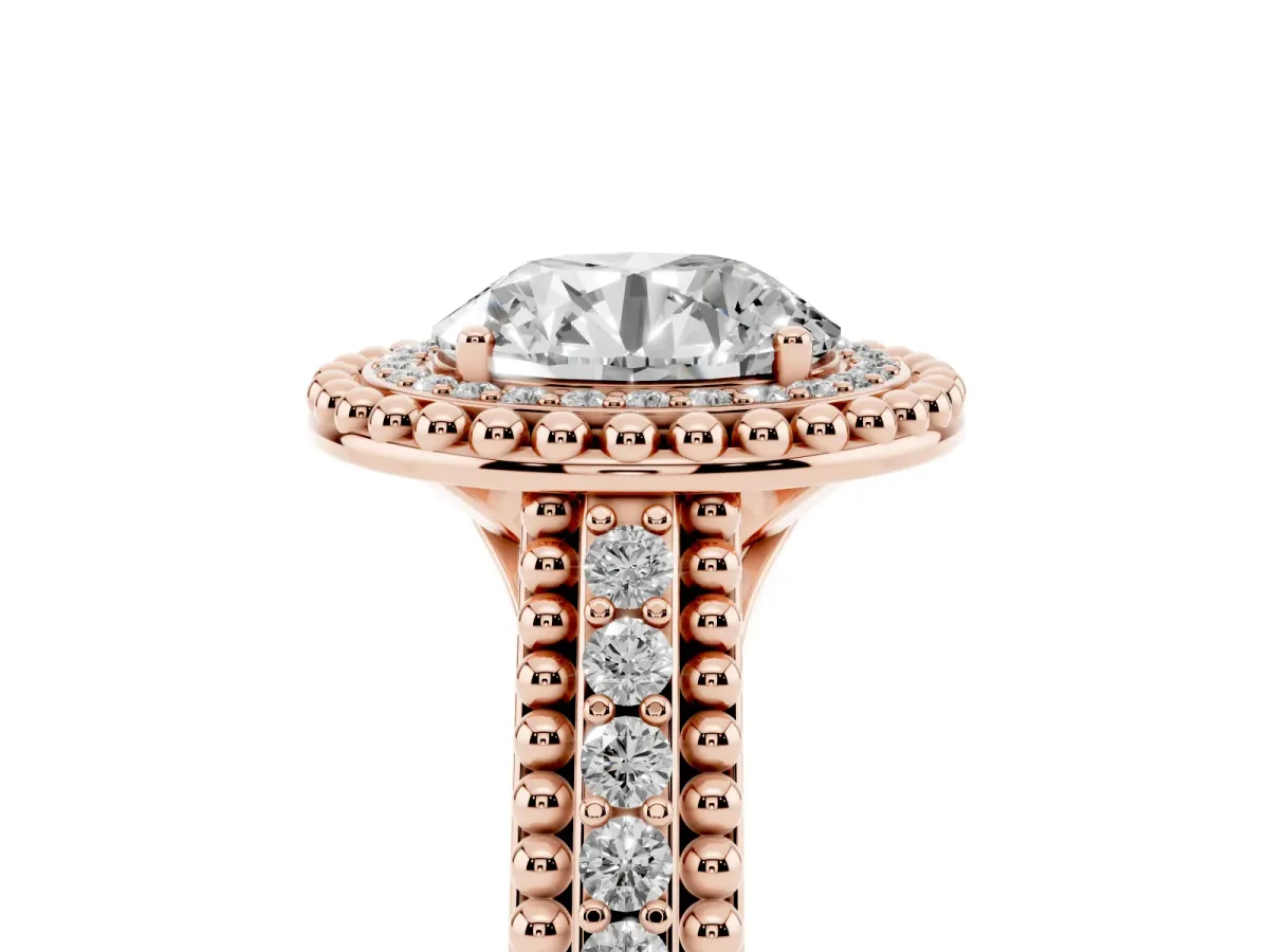 Round Cut Halo Diamond Ring with Beaded Split Shank and Four-Prong Setting Rose gold