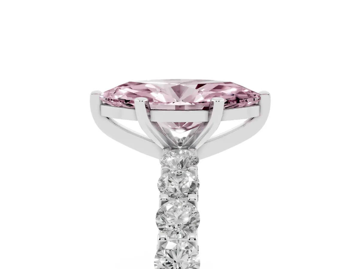Fancy Pink Marquise Cut Diamond Solitaire Ring with Shared Prong Pavé Band and Four-Prong Setting Silver