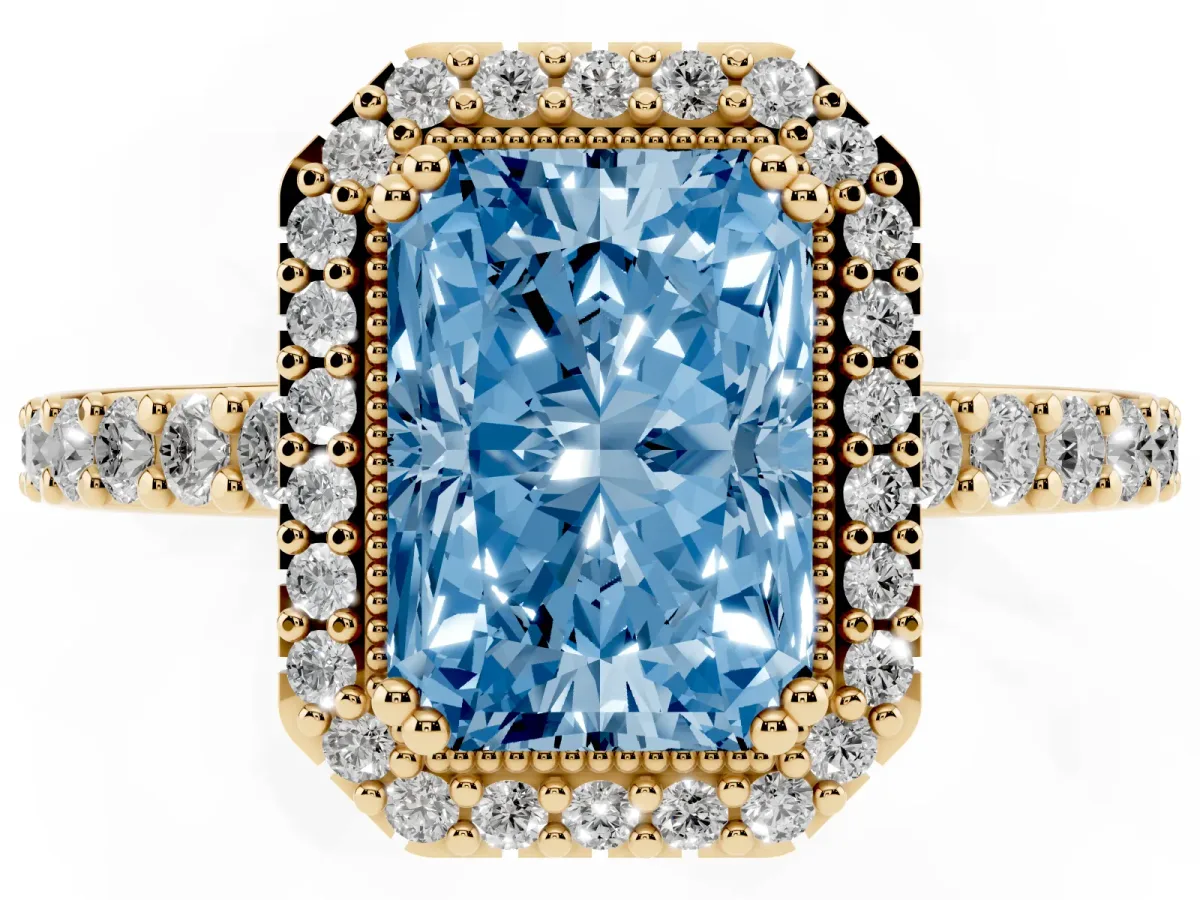 Fancy Blue Radiant Cut Cut Diamond Halo Engagement Ring with Milgrain Detail and Pavé Band Yellow gold
