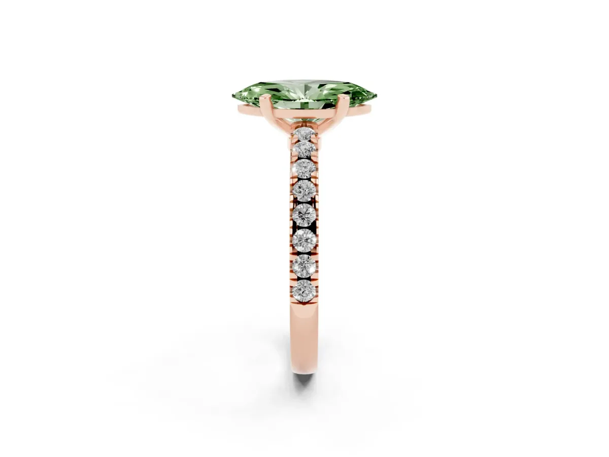 Fancy Green Marquise Cut Solitaire Diamond with Pavé Band and Four-Prong Setting Rose gold