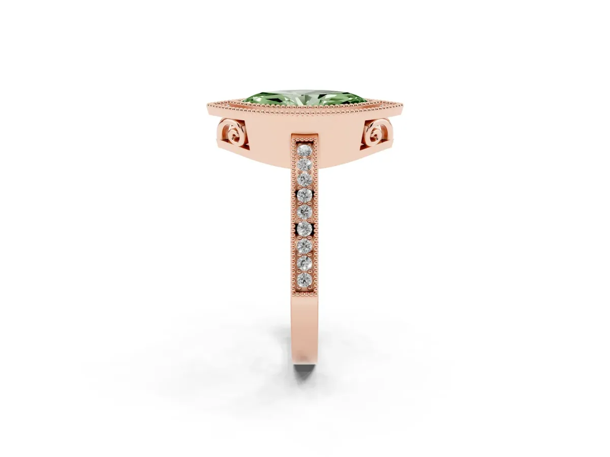 Fancy Green Marquise Cut Cut Halo Diamond Ring with Pavé Band and Milgrain Prong Setting Rose gold