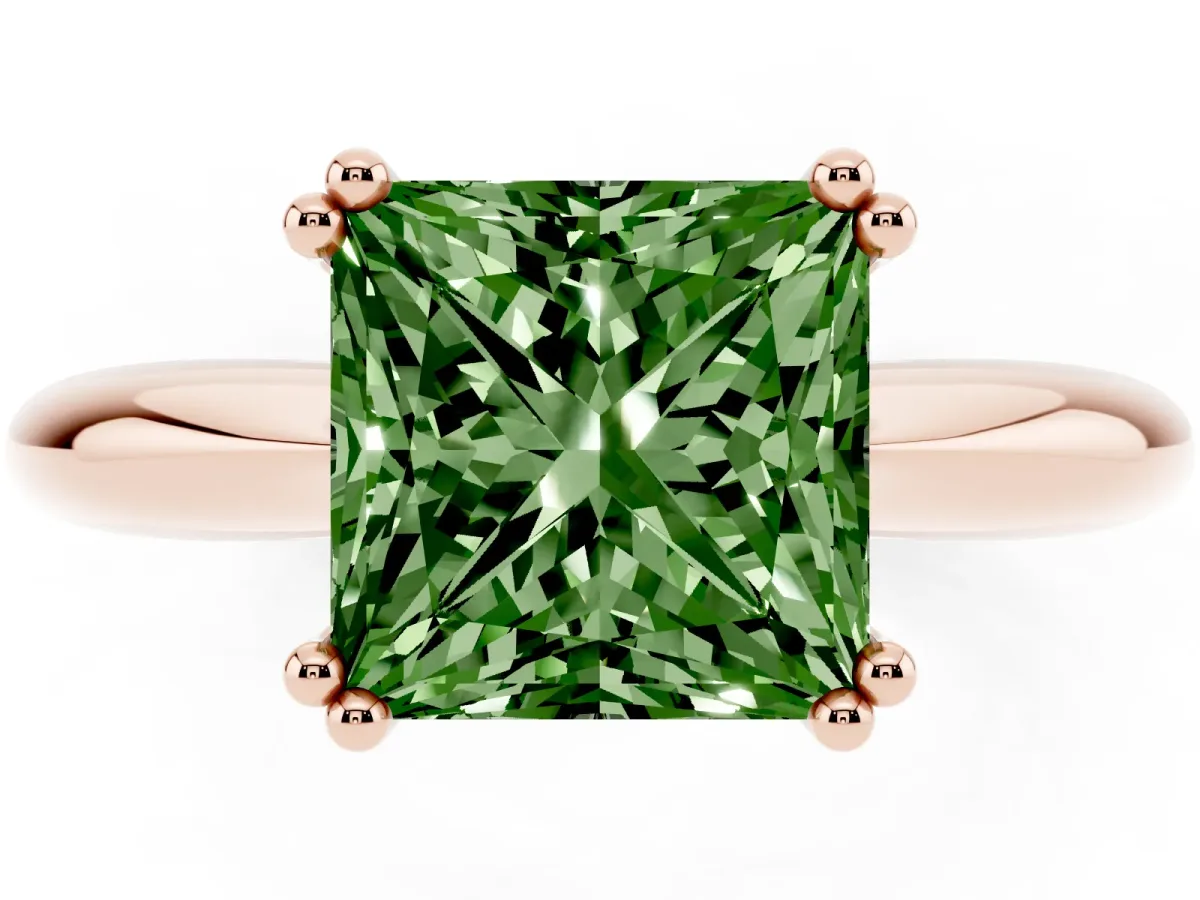Fancy Green Princess Cut Cut Solitaire Engagement Ring with Tapered Band and Four-Prong Setting Rose gold