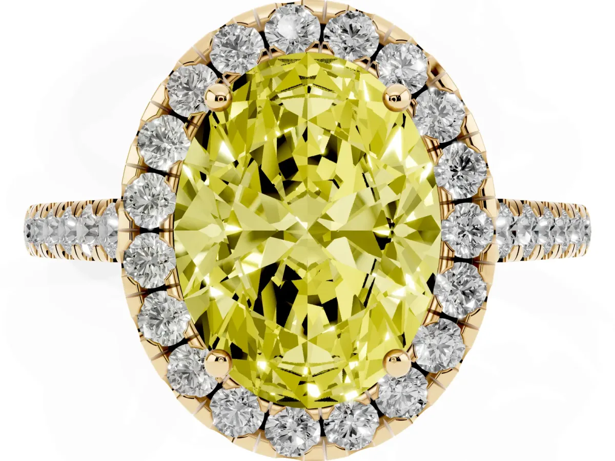 Fancy Yellow Oval Cut Halo Pave Diamond Engagement Ring with Four-Prong Setting Yellow gold