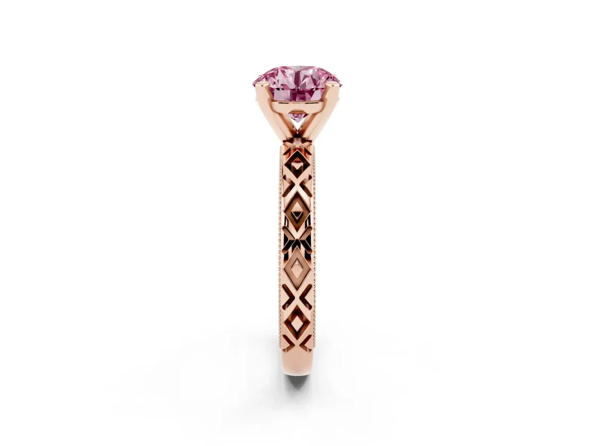 Fancy Pink Round Cut Solitaire Diamond Ring with Milgrain and Black Enamel X Pattern Band Rose gold