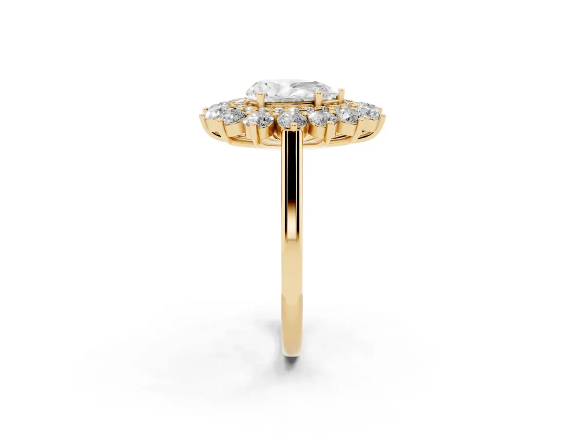 Pear Cut Diamond Floral Double Halo Engagement Ring with Prong Setting Yellow gold