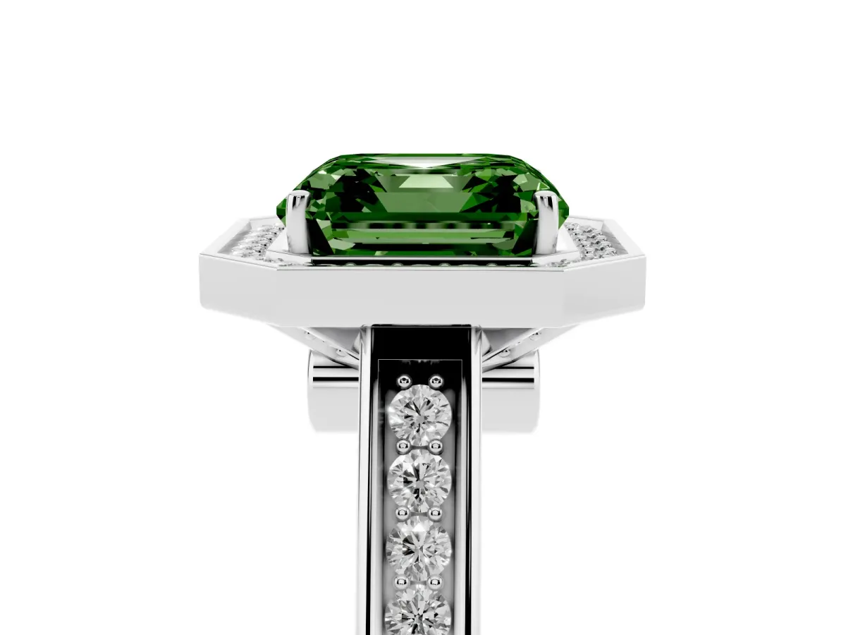 Fancy Green Asscher Cut Halo Solitaire Diamond Ring with Pave Band and Bezel Setting Platinum