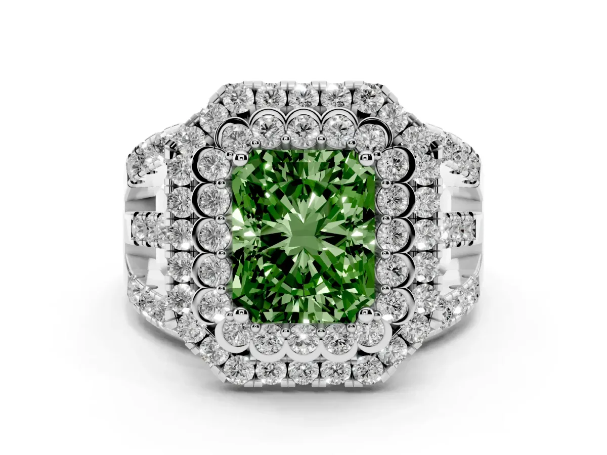 Fancy Green Radiant Cut Diamond Double Halo Ring with Round Pavé Split Shank and Prong Setting Silver