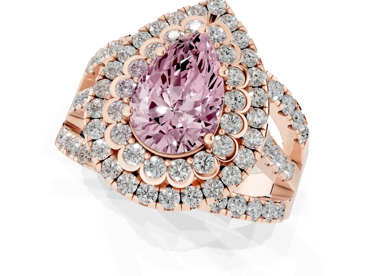 Fancy Pink Pear Cut Diamond Double Halo Ring with Round Pavé Split Shank and Prong Setting Rose gold