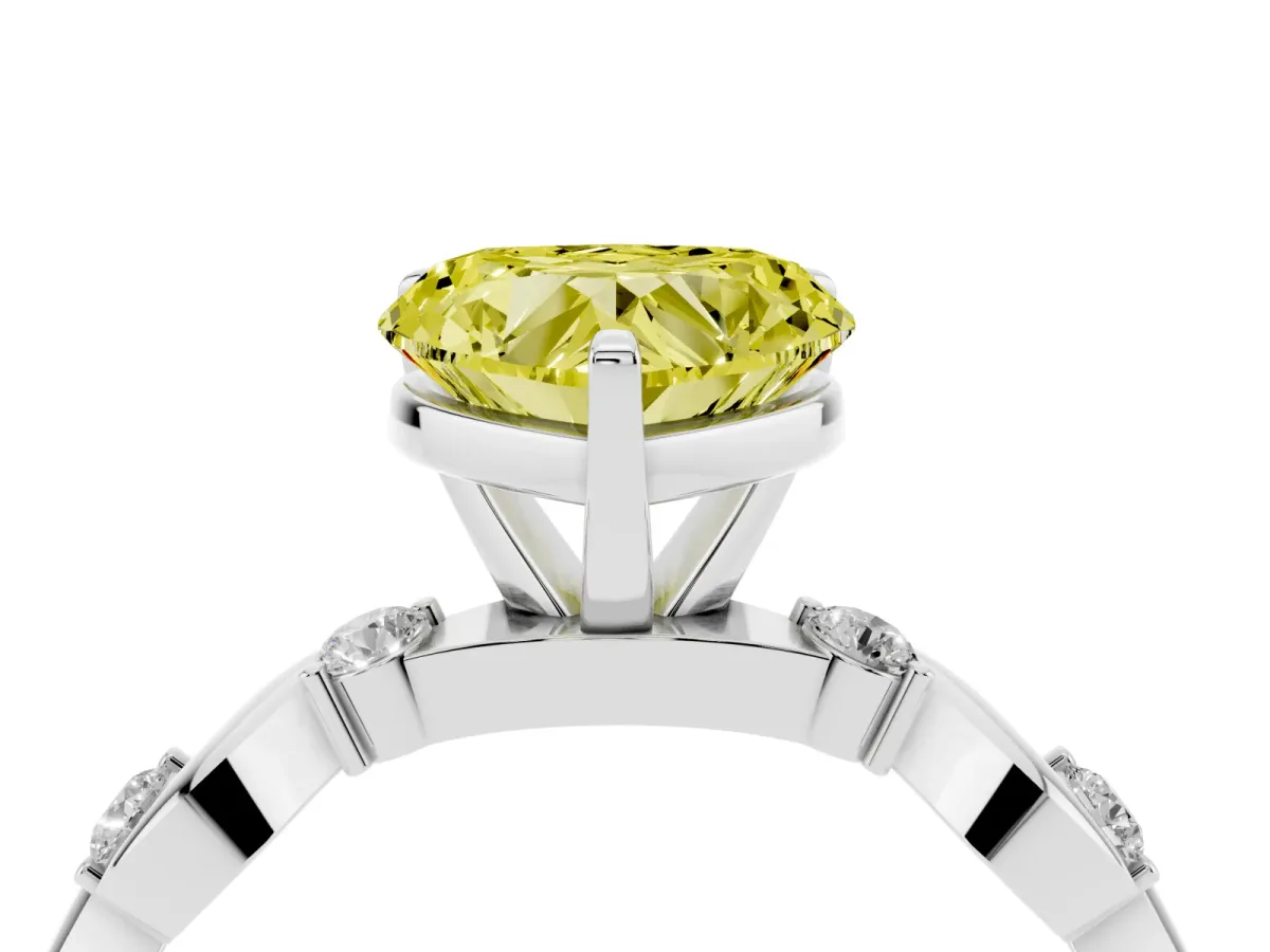 Fancy Yellow Heart Cut Diamond Solitaire Twisted Band with Round Accents and Prong Setting White gold