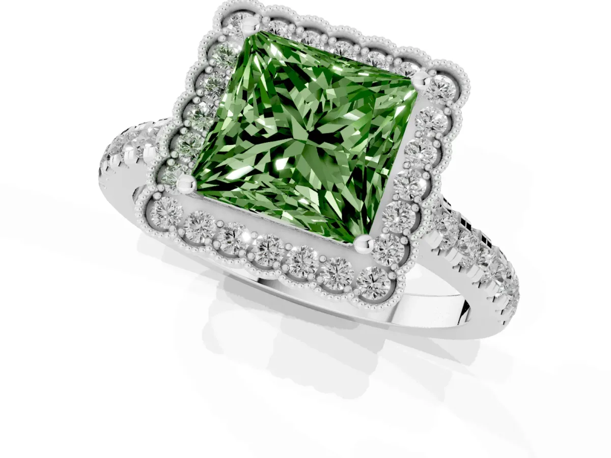 Fancy Green Princess Cut Cut Diamond Milgrain Floral Halo Engagement Ring with Pavé Band Silver