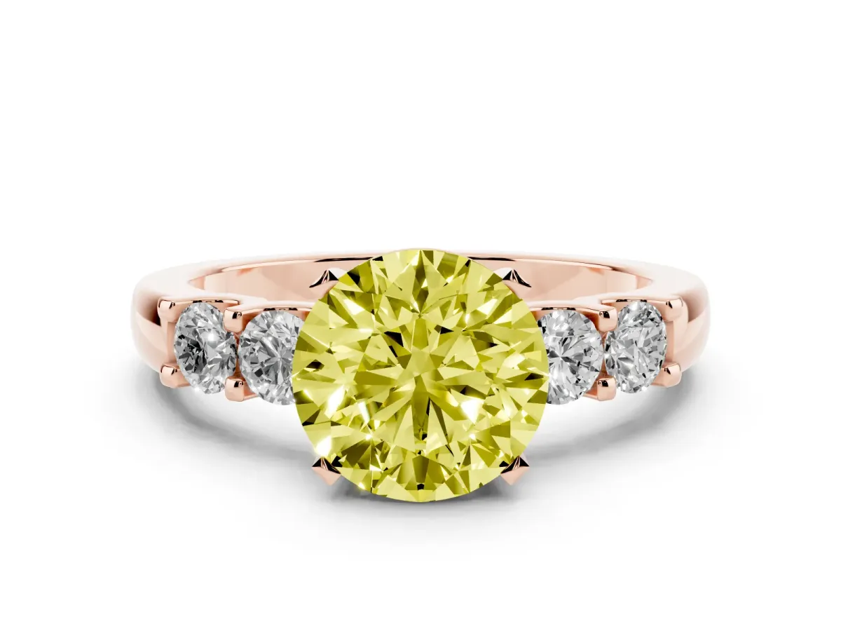 Fancy Yellow Round Cut Brilliant Cut Diamond Five-Stone Prong Set Engagement Ring with Channel Band Rose gold