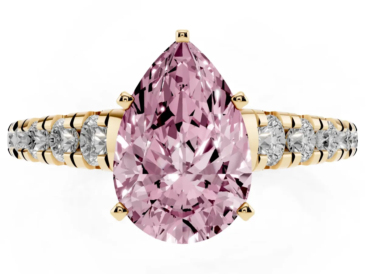 Fancy Pink Pear Cut Diamond Cathedral Solitaire Ring with Round Pavé Band Yellow gold