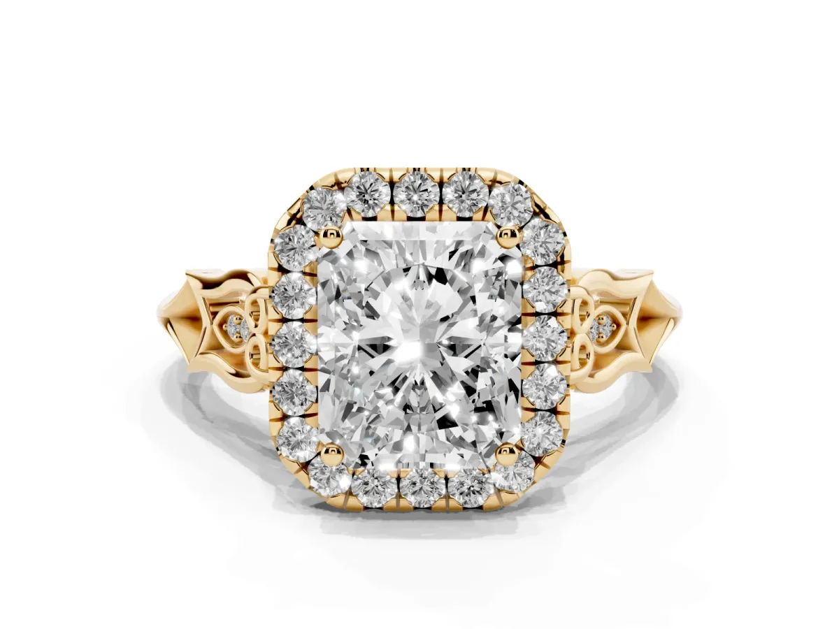 Radiant Cut Halo Diamond Engagement Ring with Filigree Band and Four-Prong Setting Yellow gold