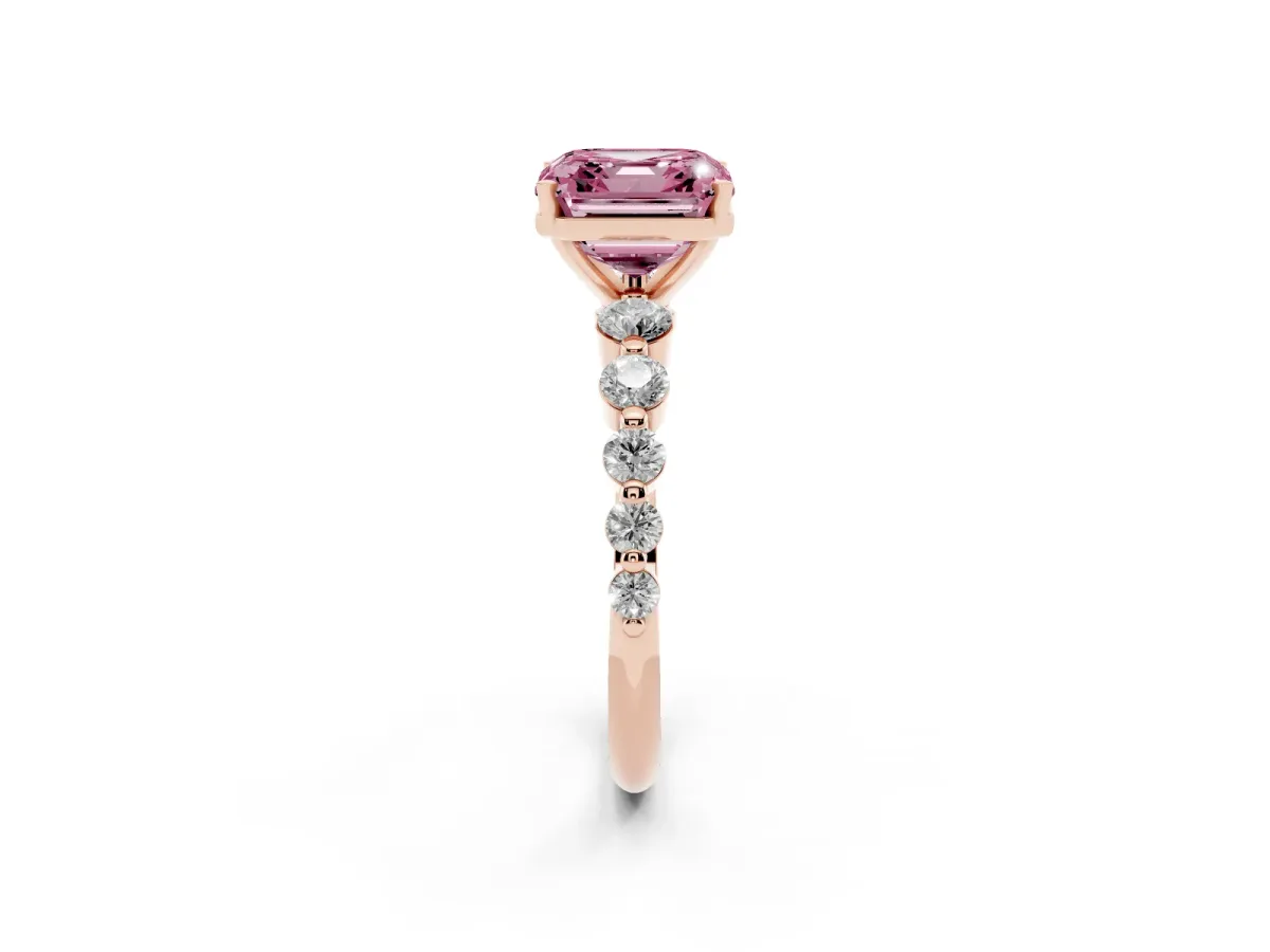Fancy Pink Asscher Cut Solitaire Diamond Ring with Pave Band and Four-Prong Setting Rose gold