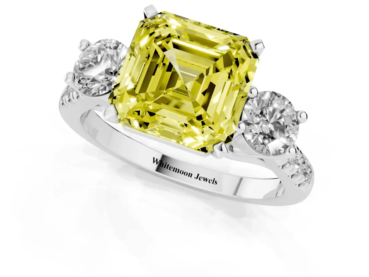 Fancy Yellow Three-Stone Asscher Cut Diamond Pavé Band with Four-Prong Setting Silver