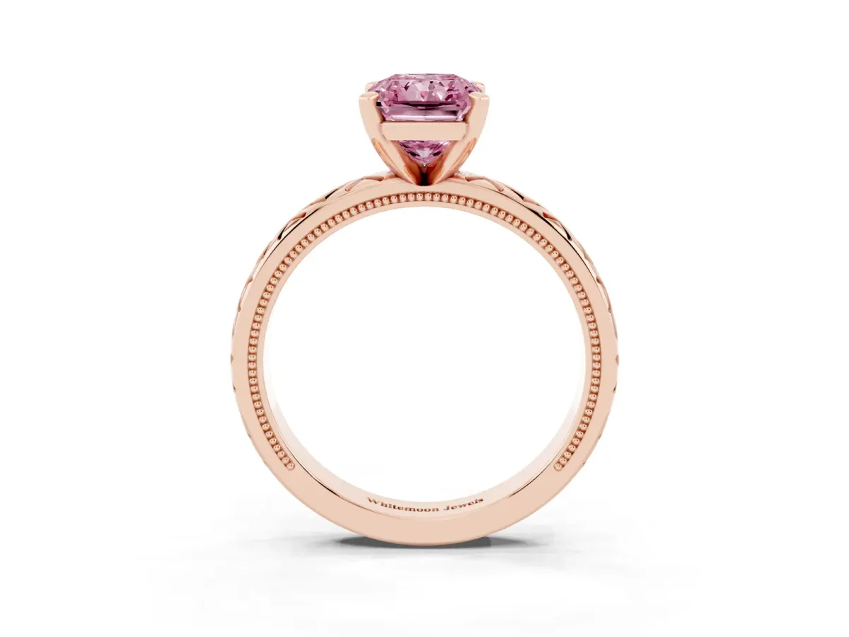 Fancy Pink Radiant Cut Solitaire Diamond Ring with Milgrain and Black Enamel X Pattern Band Rose gold