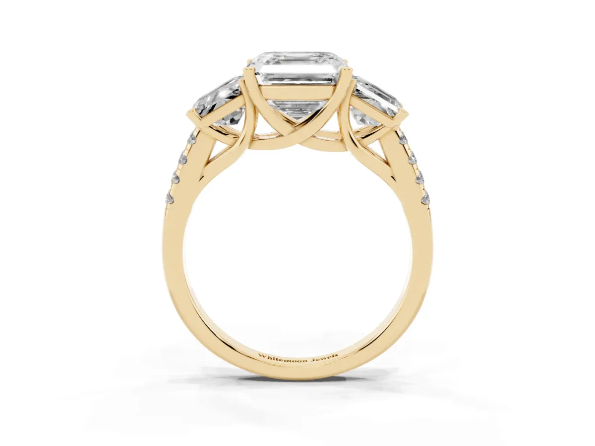 Three-Stone Asscher Cut Diamond Ring with Round Pavé Band and Prong Setting Yellow gold