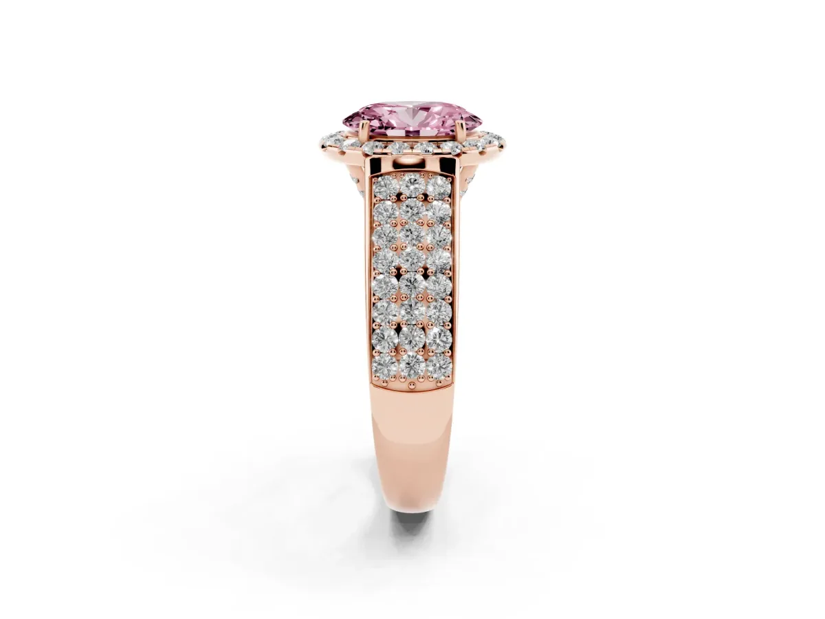 Fancy Pink Oval Cut Halo Round Diamond Pave Band with Prong Setting Rose gold