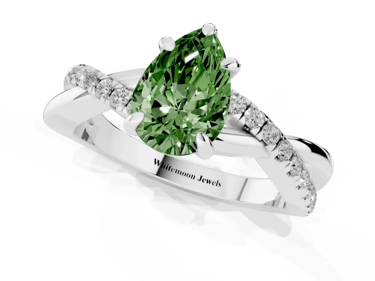 Fancy Green Pear Cut Cut Diamond Twist Band Solitaire with Prong Setting Silver