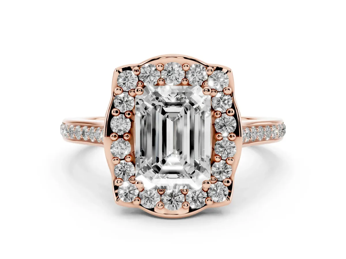 Emerald Cut Halo Round Diamond Pave Band with Four-Prong Setting Rose gold