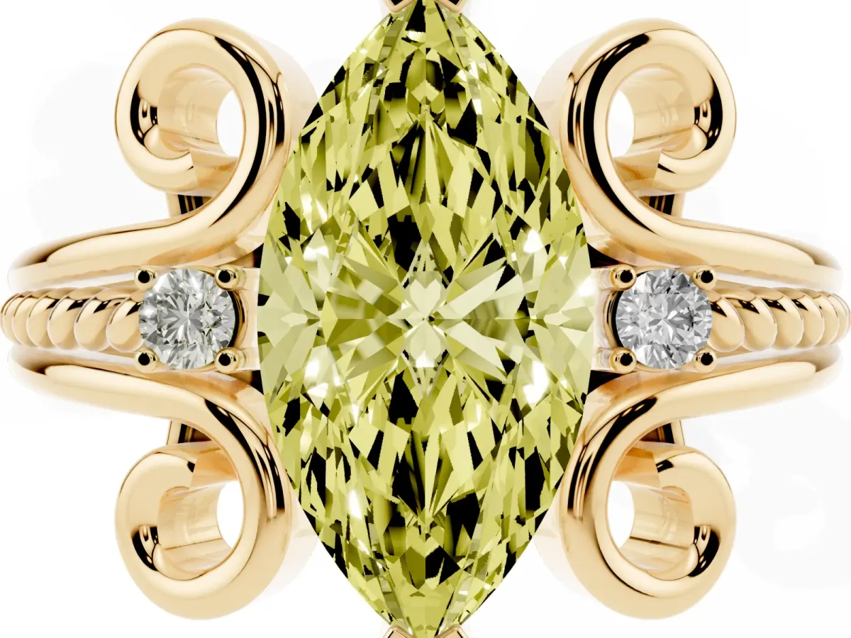 Fancy Yellow Marquise Cut Solitaire Twisted Band Scroll Prong Ring Yellow gold