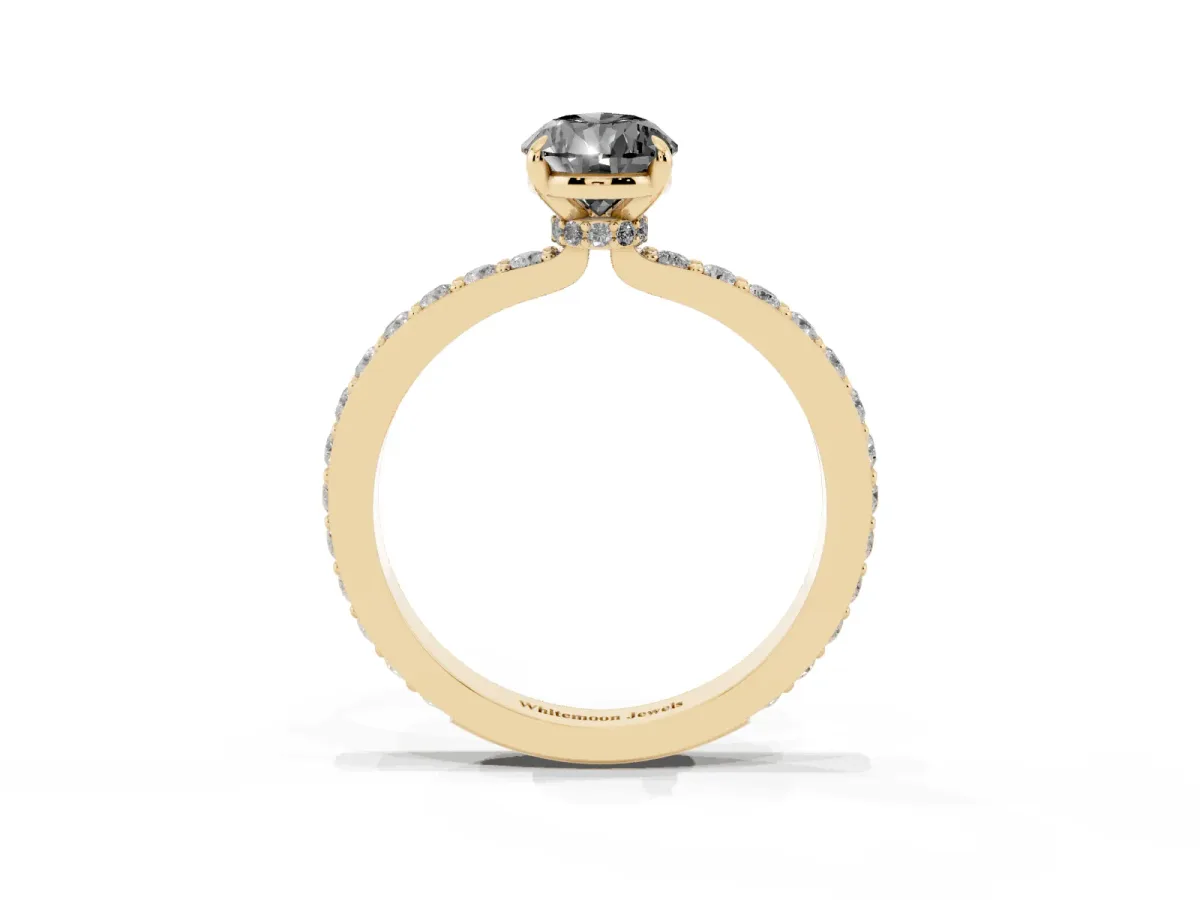 Fancy Black Pear Cut Diamond Pavé Engagement Ring with Round Accents and Prong Setting Yellow gold
