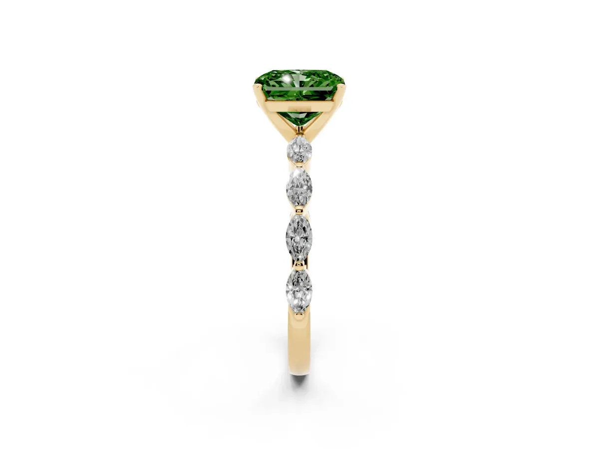 Fancy Green Radiant Cut Diamond Ring with Marquise Side Stones and Prong Setting Yellow gold