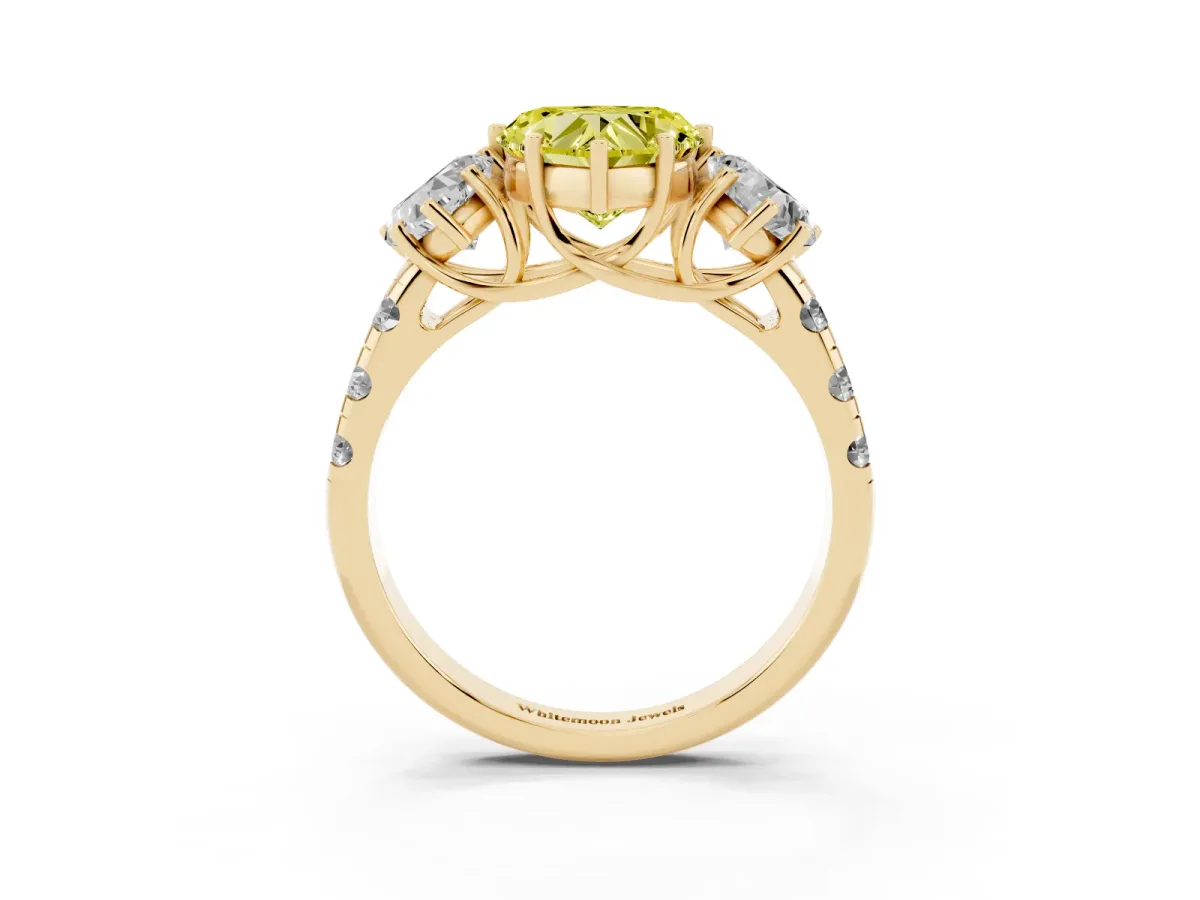 Fancy Yellow Three-Stone Heart Cut Diamond Pavé Band with Prong Setting Yellow gold