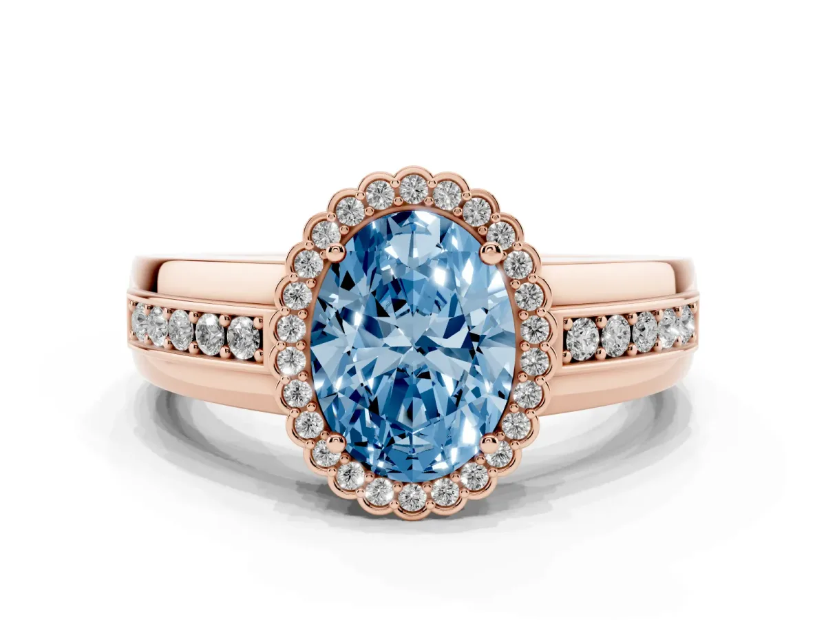 Fancy Blue Oval Cut Cut Halo Pave Band Four-Prong Ring Rose gold