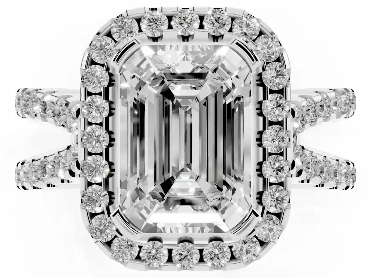 Emerald Cut Diamond Halo Ring with Split Shank Pavé Band and Prong Setting Platinum