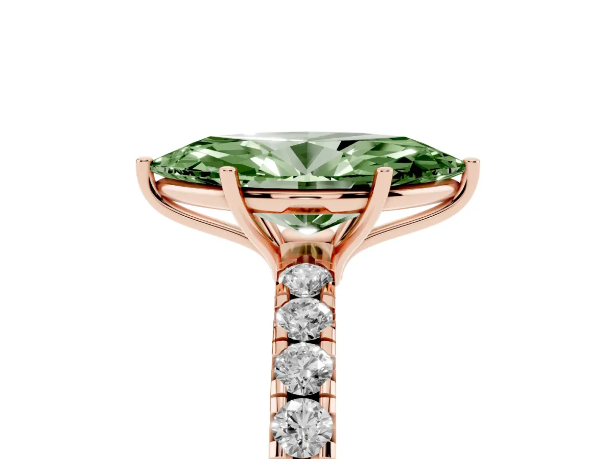 Fancy Green Marquise Cut Diamond Pavé Solitaire Engagement Ring with Four-Prong Setting Rose gold
