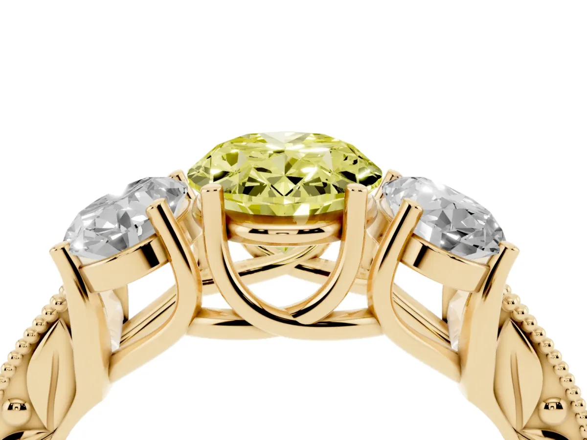 Fancy Yellow Three-Stone Oval Cut Cut Milgrain Pavé Engagement Ring Yellow gold