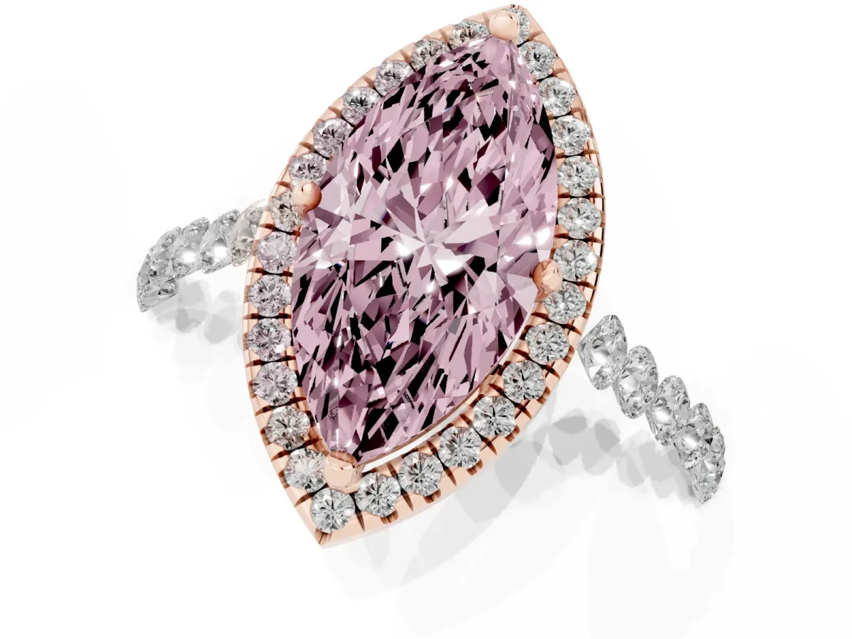 Fancy Pink Marquise Cut Halo Pavé Diamond Engagement Ring with Four-Prong Setting Rose gold