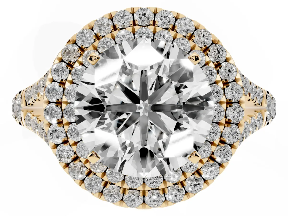 Round Cut Diamond Double Halo Ring with Split Shank and Prong Setting Yellow gold