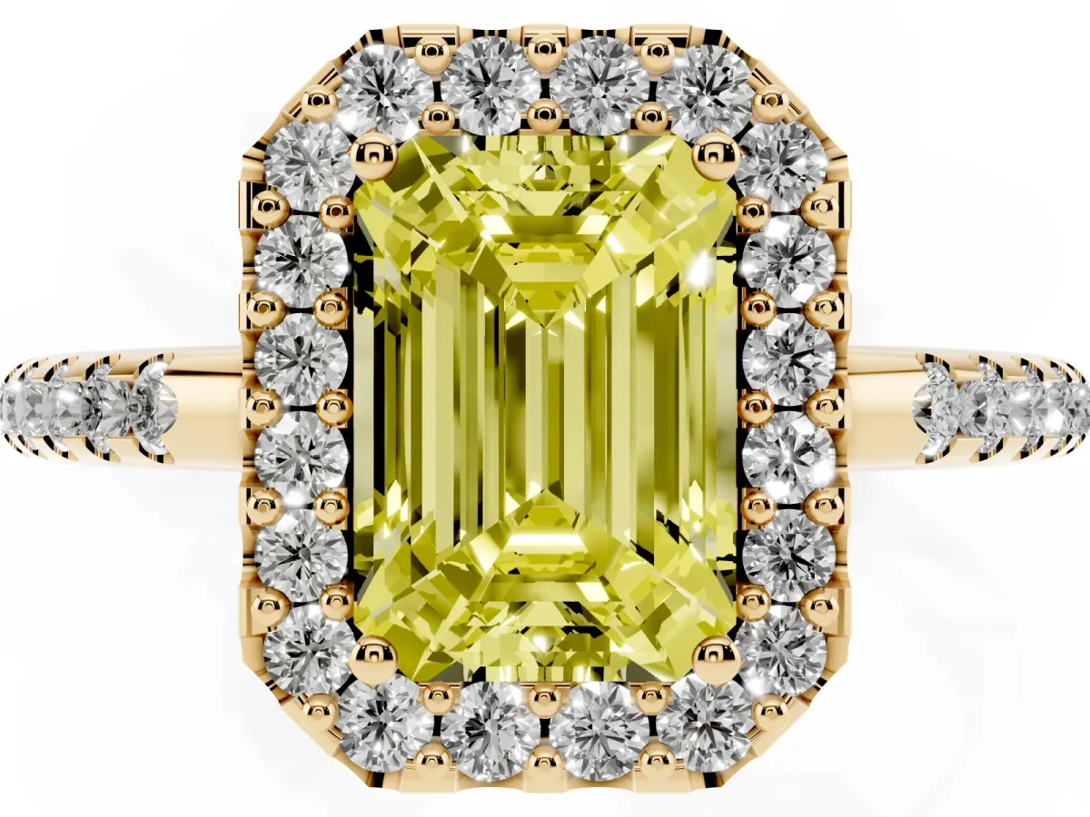 Fancy Yellow Emerald Cut Diamond Pavé Halo Ring with Four-Prong Setting Yellow gold
