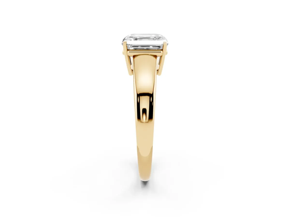 Asscher Cut Solitaire Diamond Ring with Tapered Band and Four-Prong Setting Yellow gold