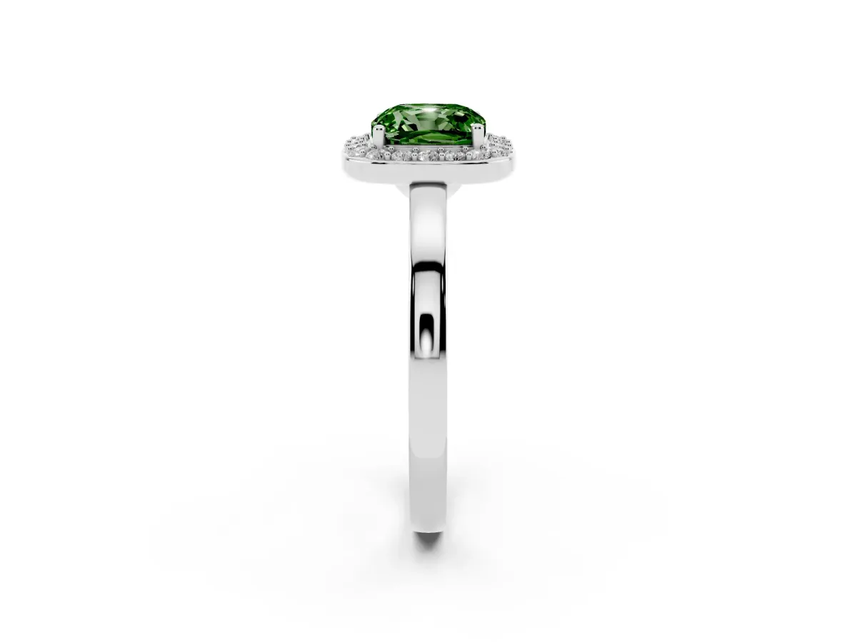 Fancy Green Cushion Cut Halo Diamond Ring with Solitaire Band and Prong Setting Platinum