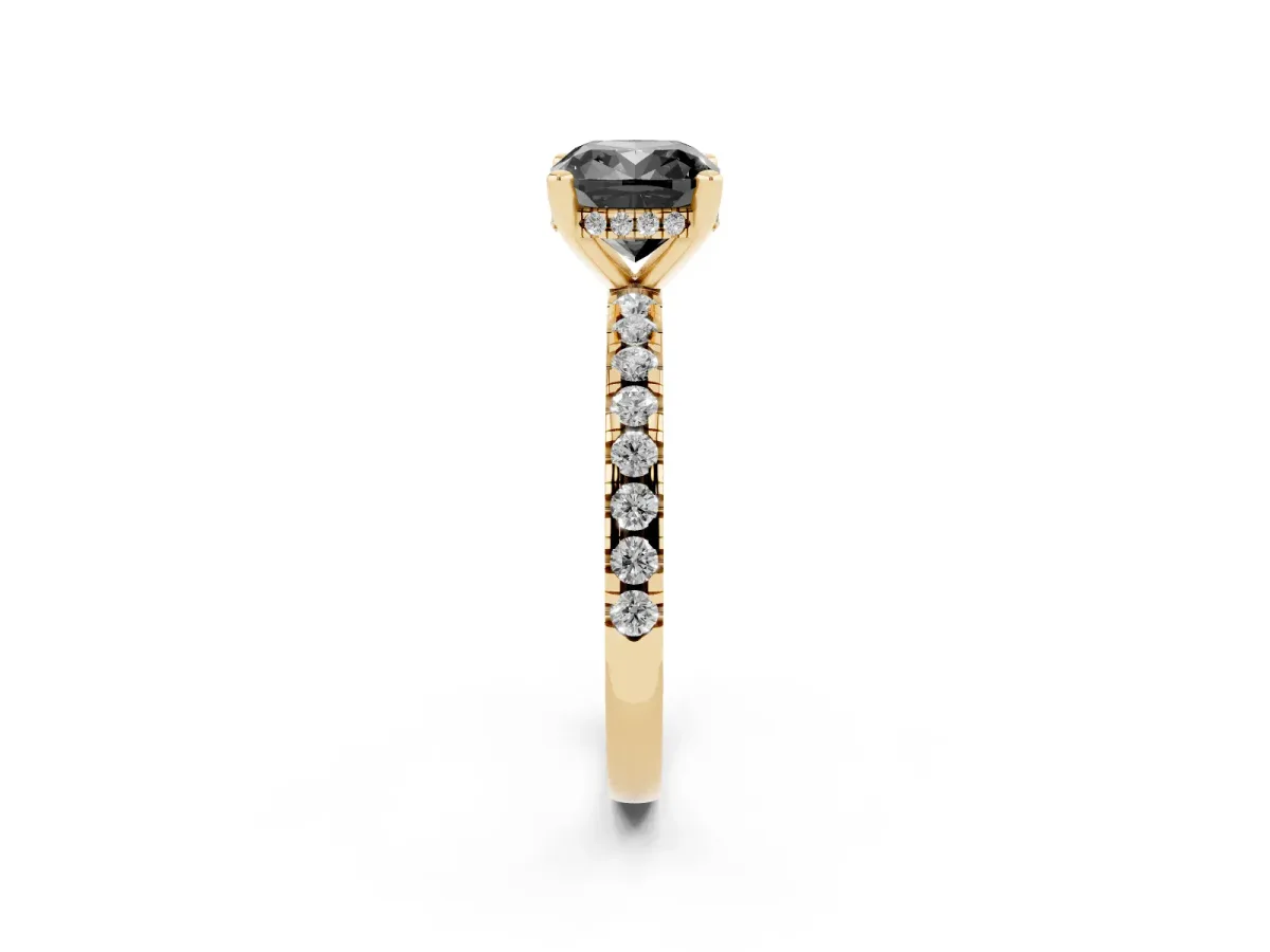 Fancy Black Cushion Cut Diamond Solitaire Ring with Round Pavé Band and Four-Prong Setting Yellow gold