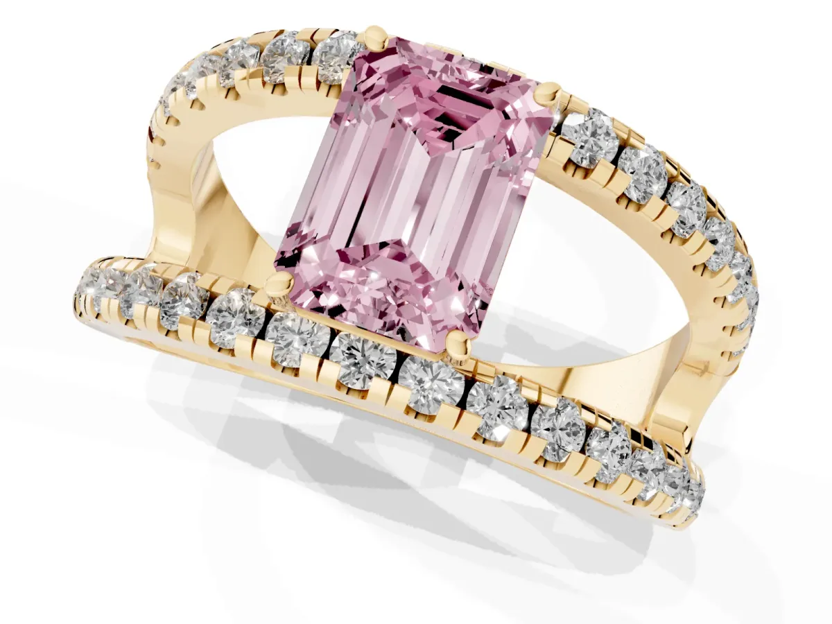 Fancy Pink Emerald Cut Solitaire Split Shank Pave Diamond Ring Yellow gold