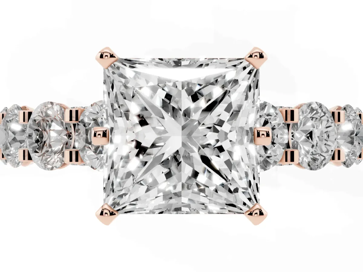 Princess Cut Diamond Side Stone Engagement Ring with Four-Prong Setting Rose gold